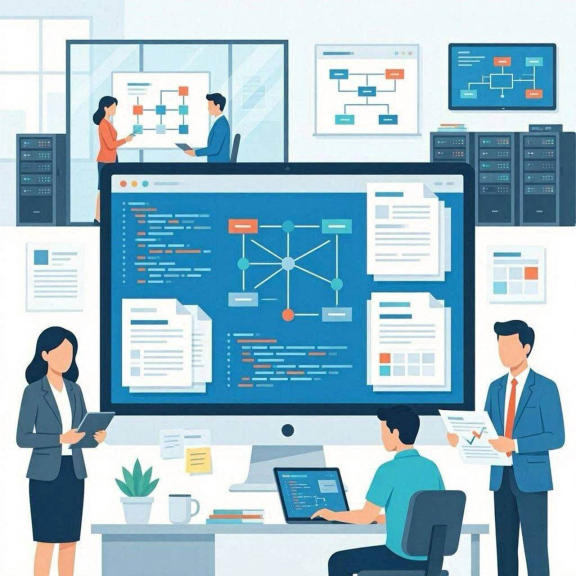 Illustrazione di un sistema legacy enterprise analizzato dall'Intelligenza Artificiale per estrarre documentazione tecnica, processi applicativi e regole di business da applicazioni aziendali complesse