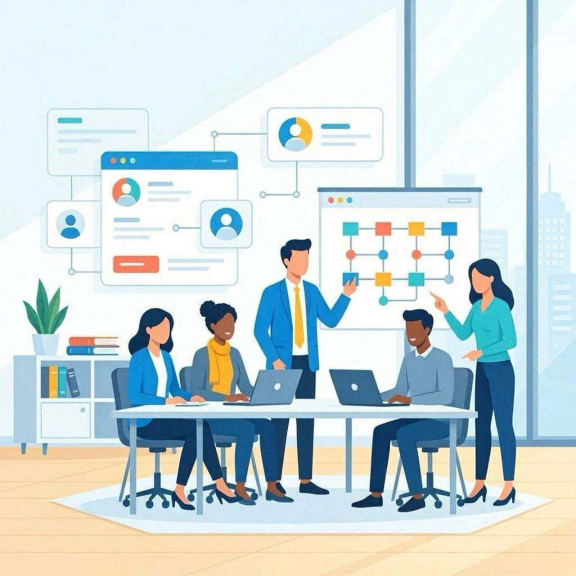 AI nei processi B2B: professionisti analizzano dashboard, flussi di dati e processi aziendali integrati con intelligenza artificiale, evidenziando controllo, governance e gestione delle criticità operative.