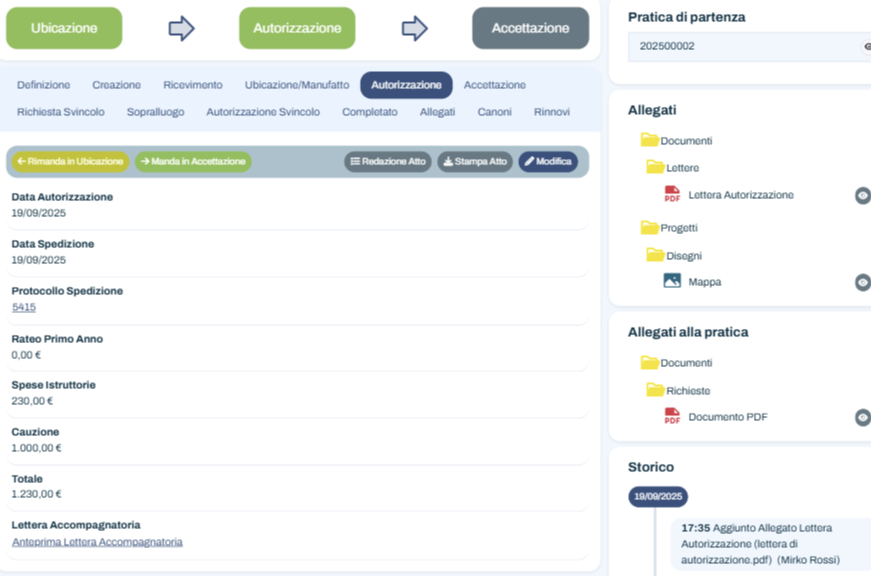Il dettaglio della Concessione in un unico cruscotto digitale: dati autorizzativi, spese, cauzioni e allegati sempre disponibili, con uno storico puntuale di ogni passaggio. Una gestione trasparente ed efficiente che semplifica il lavoro dei Consorzi di Bonifica.